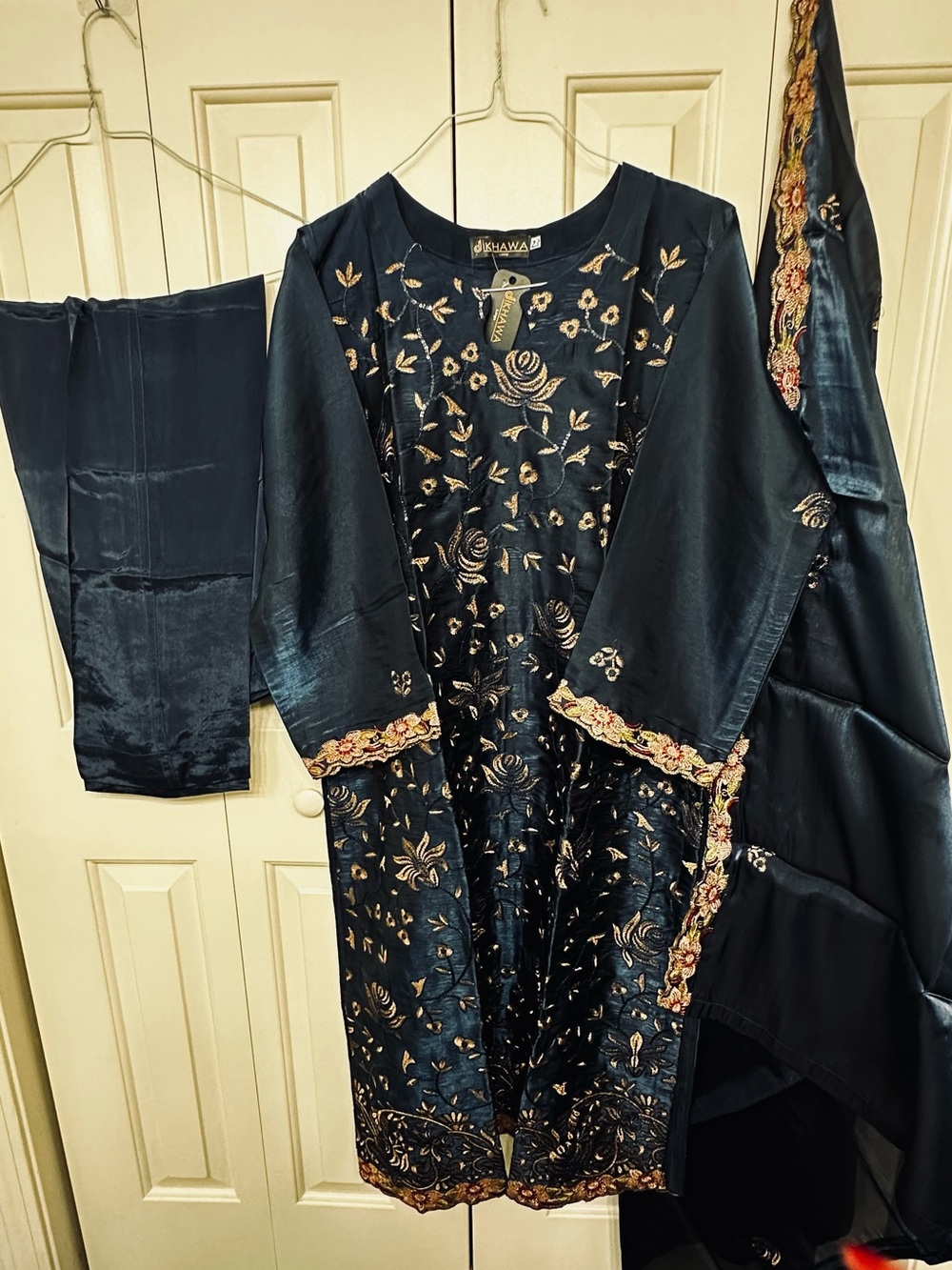 Dikhawa Embroidered Dark Teal Women’s Salwaar Kameez on satin silk fabric in 23”